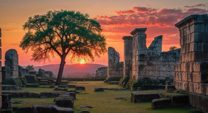 Starożytne ruiny kamienia z Majestic Tree przy zachodzie słońca zdjęcia stock