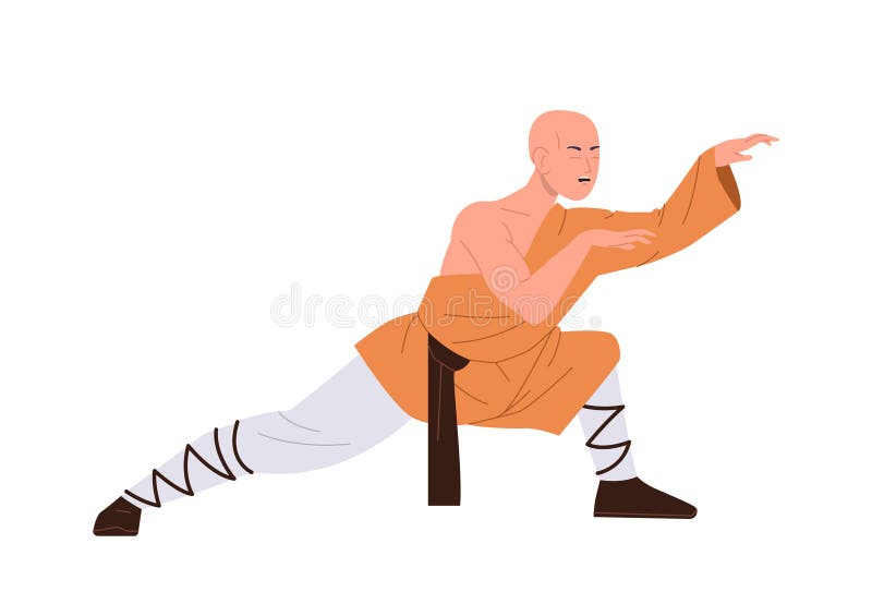 Starożytny muskularny mniszek shaolin stojący w pozycji walki kung fu odizolowanej na białym tle ilustracja wektor