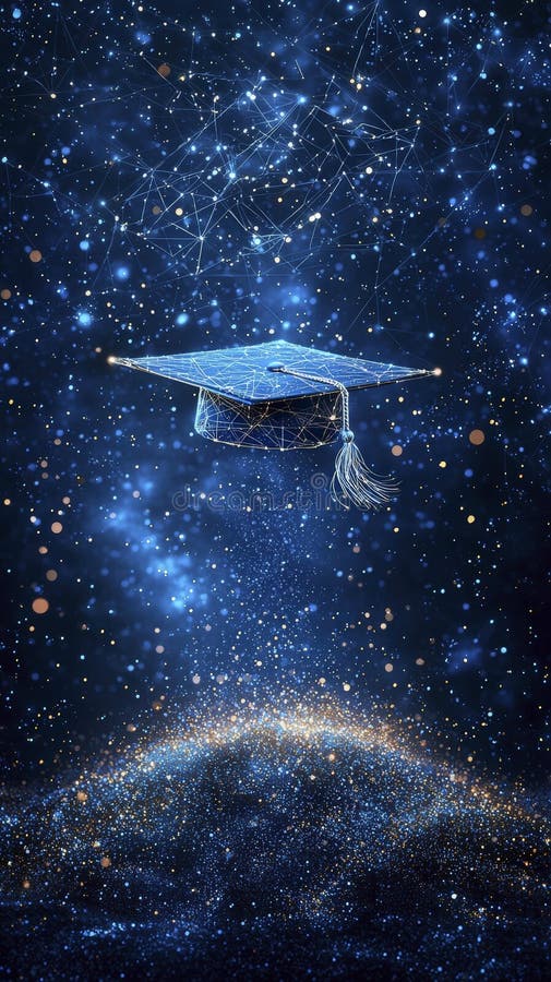 Starry digital graduation cap with ethereal glow stock illustration