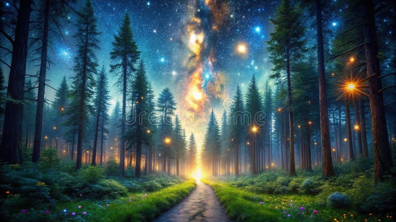 Starry Night Enchantation a Mystical Forest path under en Cosmic Canopy vektor illustrationer