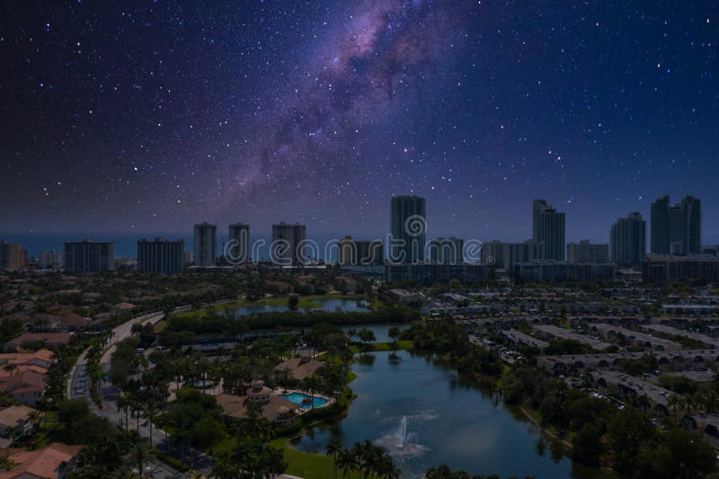 Starry Night Sky Over City Stock Image Image Of Lake 179335205