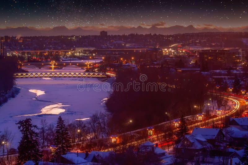 Starry Night Sky Over a Wintry Calgary Stock Photo Image of snowy, lights 203064596