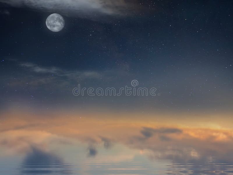 Starry  sky moon  Dramatical sunset on blue pink sky yellow clouds skyline, water sea reflection beautiful landscape summer nature