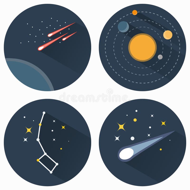 Space stars constellations, galaxies and comets. Solar system vector flat icons set illustration. Objects used for education astronomy manuals and science books, banners and flyers. Space stars constellations, galaxies and comets. Solar system vector flat icons set illustration. Objects used for education astronomy manuals and science books, banners and flyers.