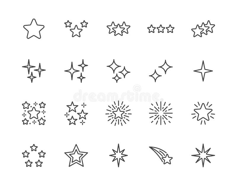 Stars flat line icons set. Starry night, falling star, firework, twinkle, glow, glitter burst vector illustrations