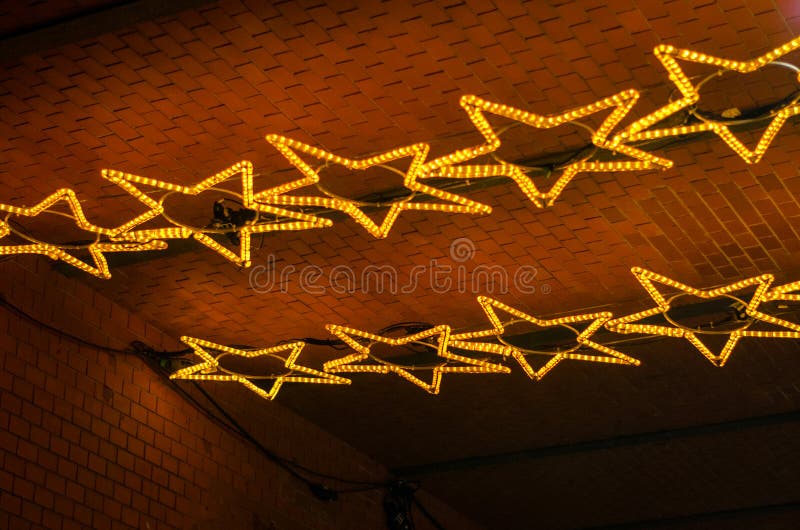 Stars Light Christmas Decoration At Ceiling Stock Photo