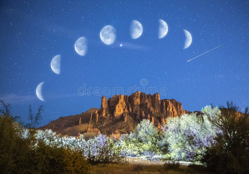 Stars & Moon Phases over Superstition Mountains in Arizona