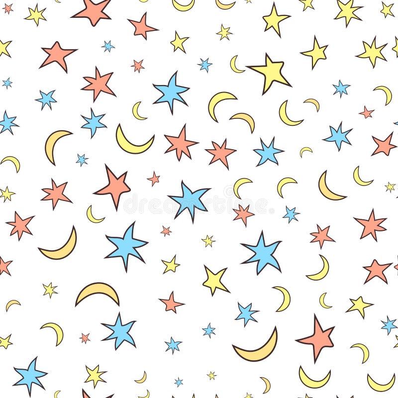 Stars and Moons Seamless Pattern. Cartoon Style. White Background. Patch  for Wrap, Print, Wallpaper, Textile Stock Illustration - Illustration of  object, paper: 103079610