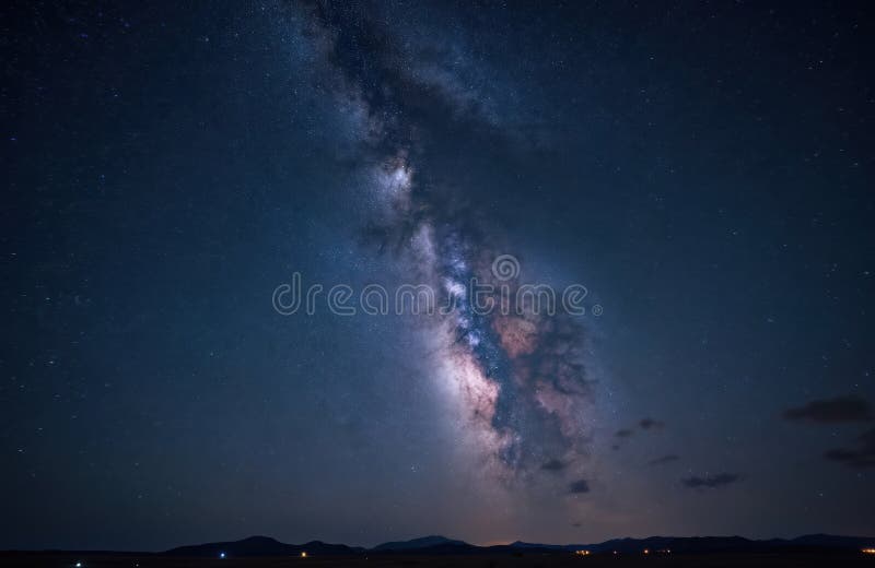 Stars shine in dark african night sky. Milky Way galactic cosmic nebula background. Light pollution over horizon line. Nature stock photo