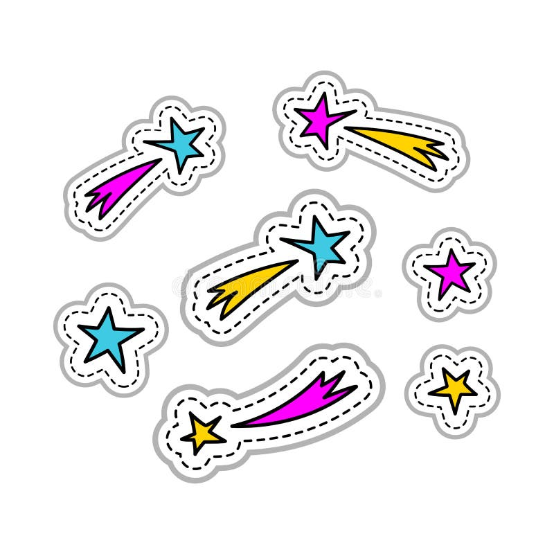 Stars stickers, firework icon. Set of retro fashionable patch elements 80s-90s, Vector doodle icons stock illustration
