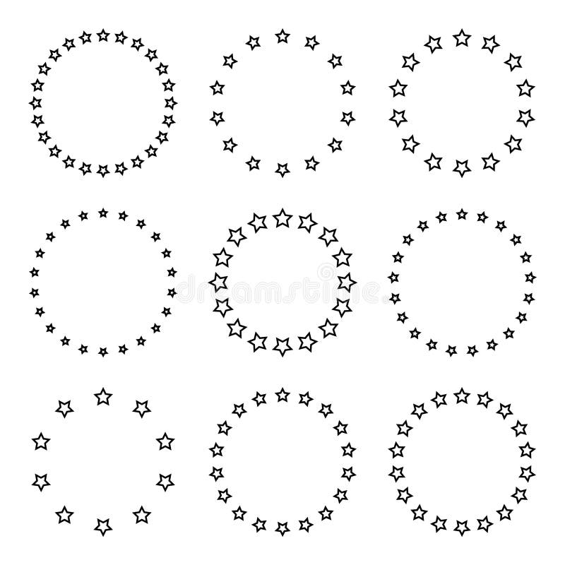 Stars of Various Sizes Arranged in a Circle. Round Frame, Border. Black ...