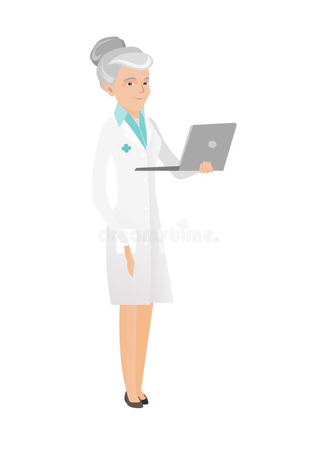 Starsza caucasian lekarka używa laptop ilustracji Starsza caucasian lekarka używa laptop ilustracji