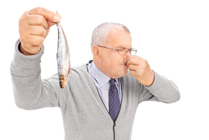 Senior gentleman holding a rotten fish isolated on white background. Senior gentleman holding a rotten fish isolated on white background