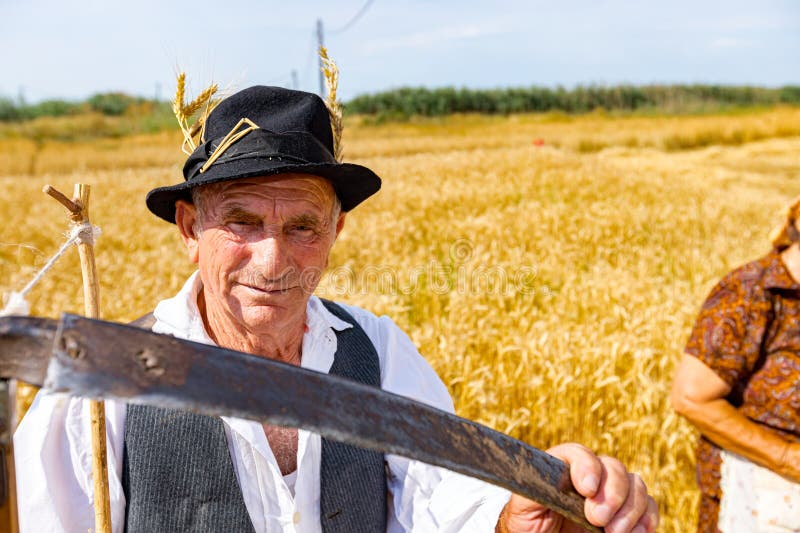 Muzlja, Vojvodina, Serbia, - July 02, 2022 XXXIX Traditionally mowing wheat. Portrait of senior farmer ready for harvest is holding scythe in front of field with mature grain. Muzlja, Vojvodina, Serbia, - July 02, 2022 XXXIX Traditionally mowing wheat. Portrait of senior farmer ready for harvest is holding scythe in front of field with mature grain