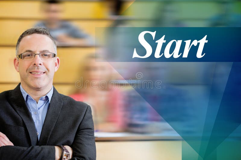 Start against elegant teacher with students sitting at lecture hall stock image