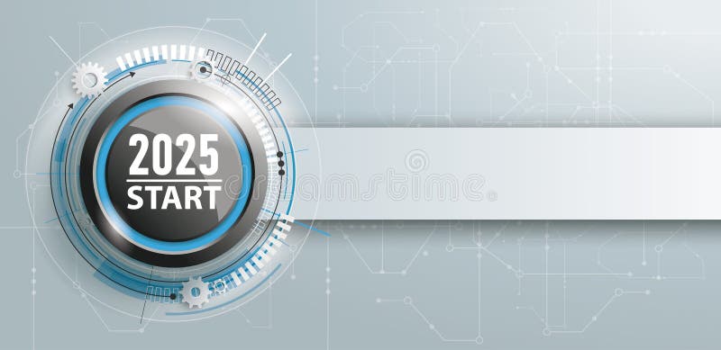 2025 Start Button Circuit Board Banner. Button with banner and text 2025 Start. Eps 10 vector file