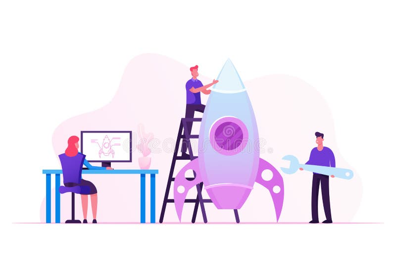 Start der Creative Team-Rakete, Einführung eines Shuttle-Systems durch Geschäftsleute mithilfe der Projektskizze auf PC Starten v vektor abbildung Start der Creative Team-Rakete, Einführung eines Shuttle-Systems durch Geschäftsleute mithilfe der Projektskizze auf PC Starten v vektor abbildung