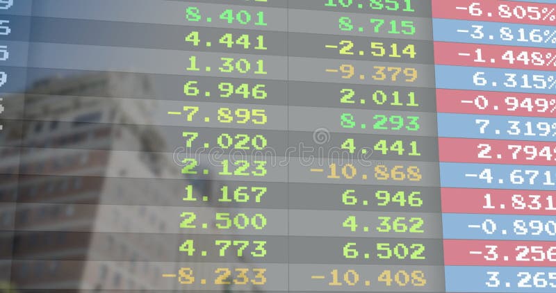 On start digital ticker updating colored values scrolling upward over building showing data loop stock video