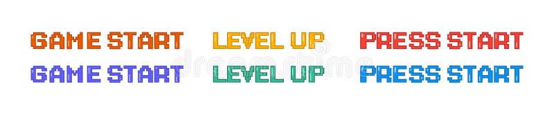 Start game. Level up. Press start. Pixel style. Pixel art. 8 bit game. Retro game. For game assets royalty free illustration