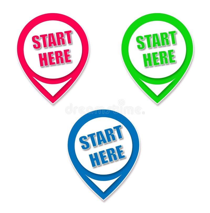 Set Start Here Icon, Multi-colored Banners.Vector Illustration Stock