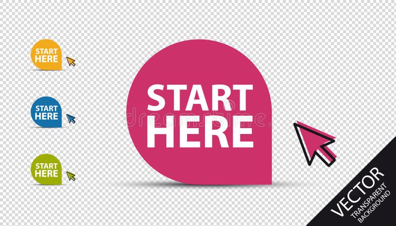 Start Here Button - Colorful Vector Illustration With Mouse Arrow - Isolated On Transparent Background stock illustration
