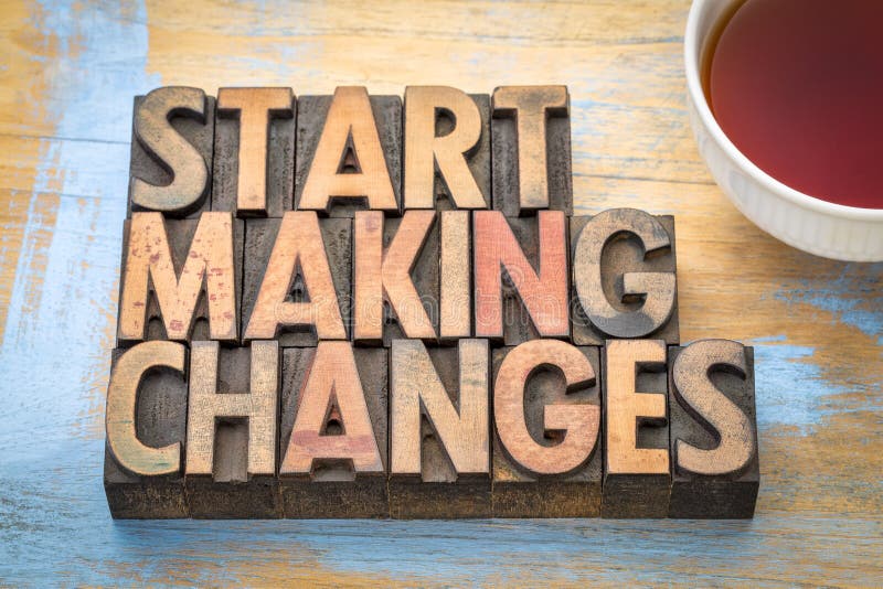 Start making changes - word abstract in letterpress printing blocks with a cup of tea