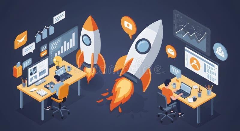 Start mit Geschäftsteam, das eine digitale Strategie für Computer entwickelt stock abbildung
