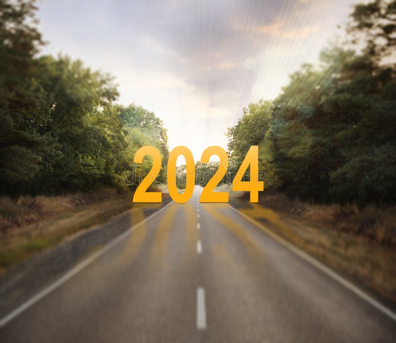 Start of New 2024 Year. Asphalt Road Leading To Numbers Stock Photo