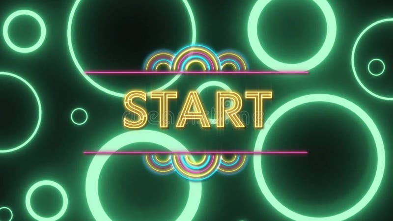 START text animation over glowing neon circles and rainbow arcs vector illustration
