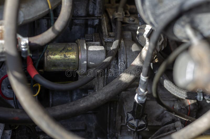 Starter in the Engine Compartment of an Old Car Stock Image Image of