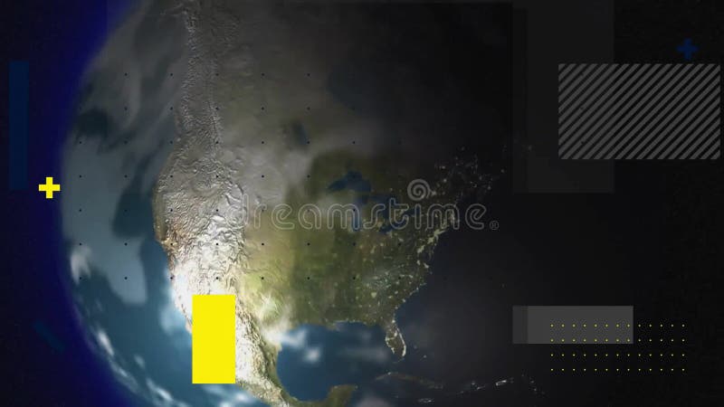 On starting animation digital globe rotating eastward with graphic overlays showing rotation stock illustration