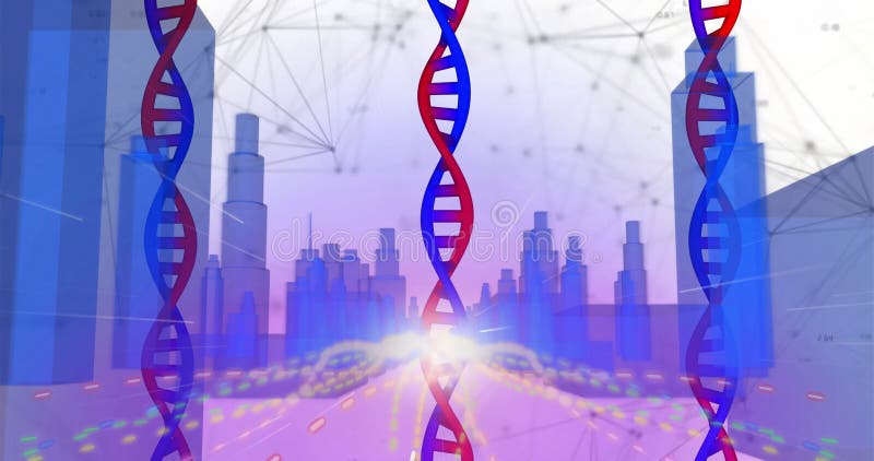 Starting DNA strand rising over digital cityscape, strands fading, streams pulsing for data display stock video footage