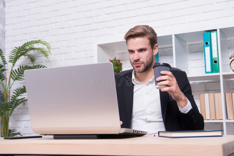 Starting own business. Ceo head office concept. Business development. Businessman drinking coffee. Confident man use laptop. Handsome man in business office. Inspired with cup of fresh coffee.