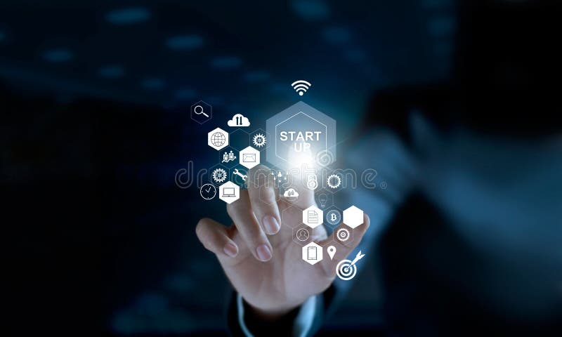 Startkonzept Rührende Ikone des Geschäftsmannes beginnen oben Netz stockfoto