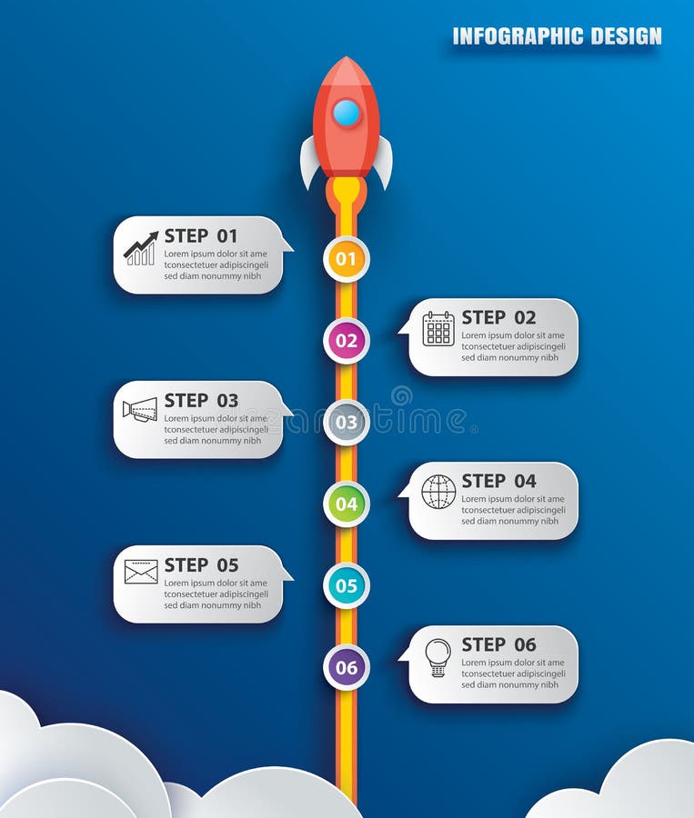 Startup business infographics with 6 data template. Vector illustration abstract rocket paper art on blue background