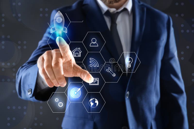 Startup Concept. Businessman on Background, Closeup Stock Image - Image