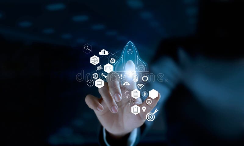 Startup concept. Businessman touching icon transparent rocket is launching and flying out with icon network connection on modern v royalty free stock photography