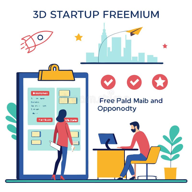 Startup Freemium Model Illustration with Teamwork and Business Growth stock illustration