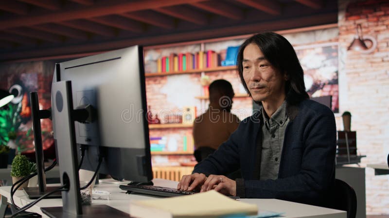 Startup manager leveraging machine learning technology in office stock video