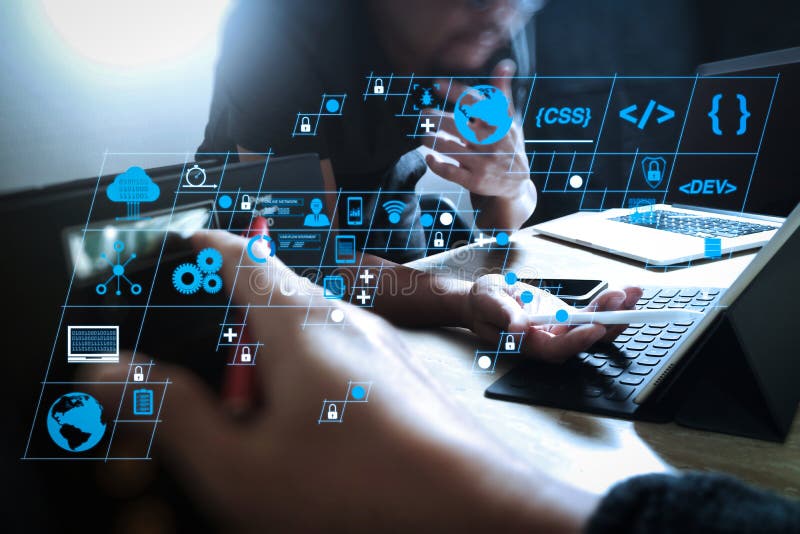 StartUp Programming Team. Website designer working digital table vector illustration