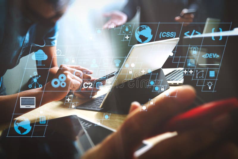 StartUp Programming Team. Website designer working digital table stock illustration