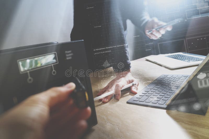 StartUp Programming Team. Website designer working digital table stock illustration