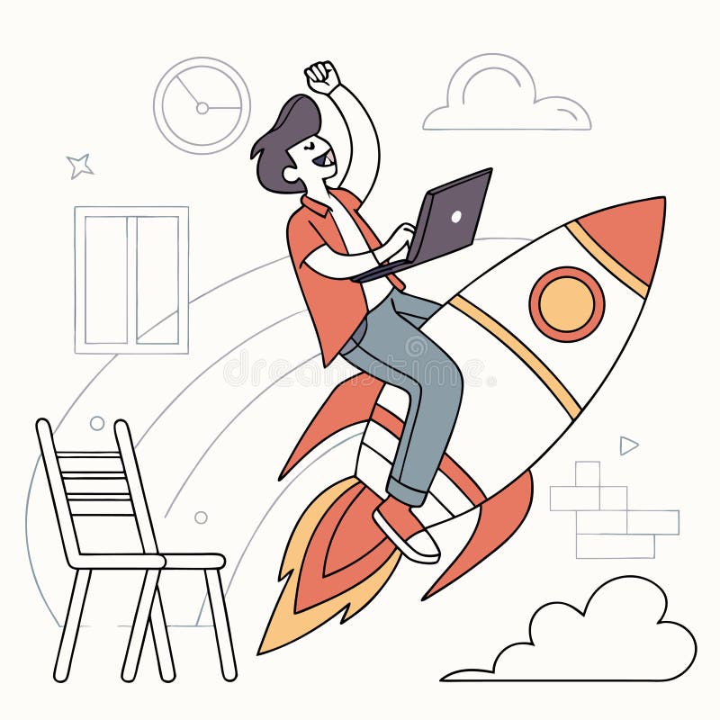 Startup Success Concept â€\' Vector Illustration of Remote Work and Business Growth on Rocket stock illustration