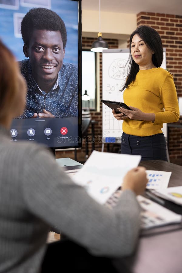 Startup team collaborate on video call royalty free stock photos