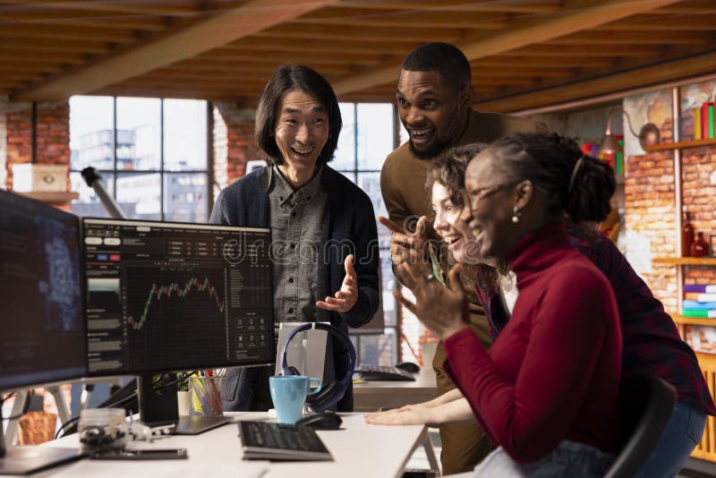 Startup team securing angel investments, becoming unicorn company stock photos