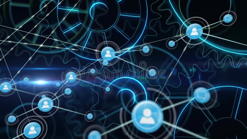 On startup user-node materializing radiating connecting device-icons over gears expanding network stock illustration