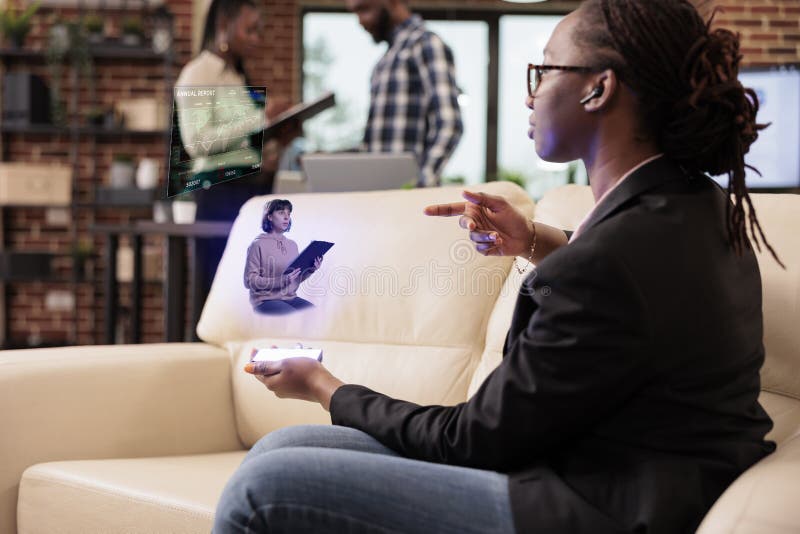 Startup worker talking to ai hologram royalty free stock photo