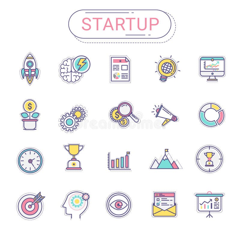 Startup значки - комплект новых значков дела содержит значки ракеты, дело, планирование, цель, диаграмму, дерево денег, успех иллюстрация штока Startup значки - комплект новых значков дела содержит значки ракеты, дело, планирование, цель, диаграмму, дерево денег, успех иллюстрация штока