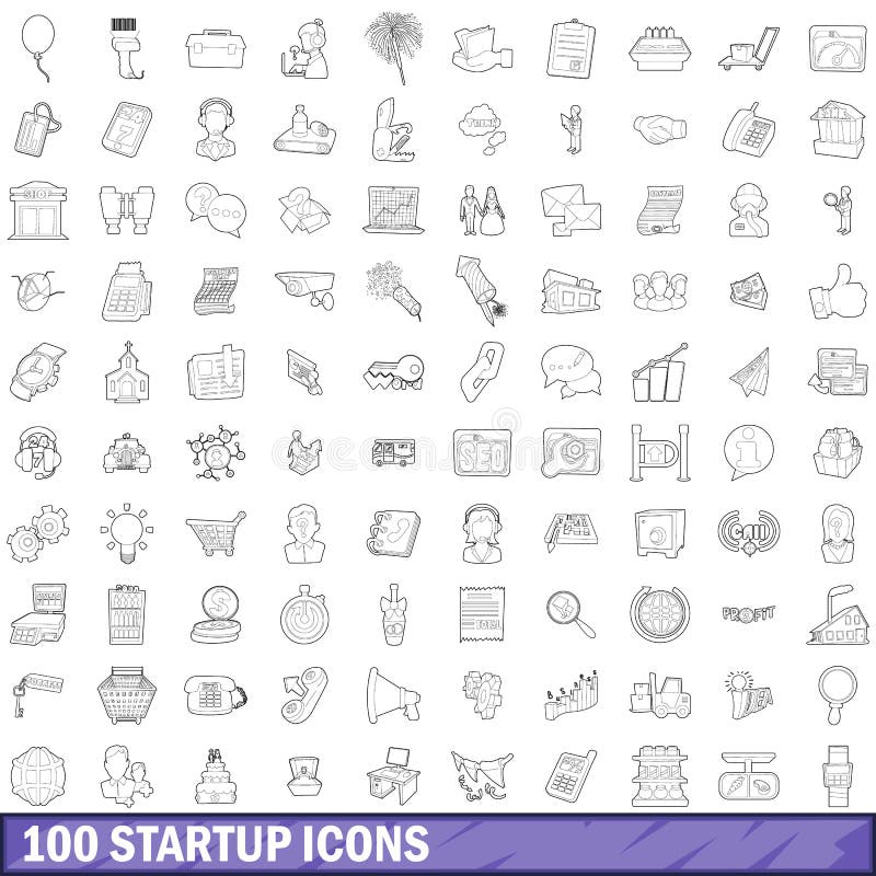 100 startup установленных значков, стиль плана бесплатная иллюстрация 100 startup установленных значков, стиль плана бесплатная иллюстрация