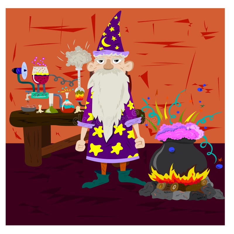 Stary czarownik gotuje napój miłosnego w kotle i stawia eksperymenty